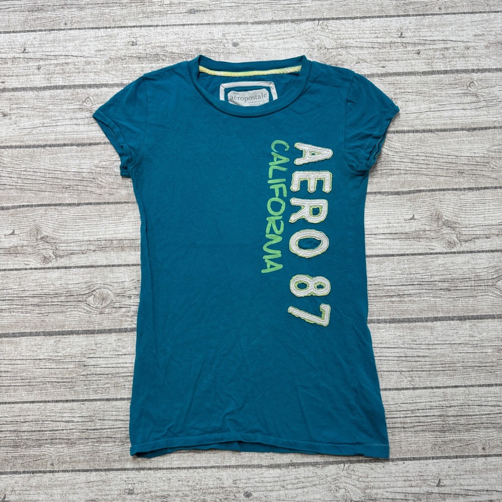 Y2K Aeropostale T-Shirt Womens Medium Teal Short Sleeve Applique Slim Athleisure